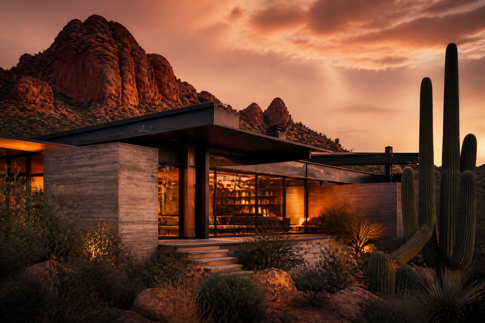 Modern desert home in Scottsdale, Arizona at dusk with mountain backdrop