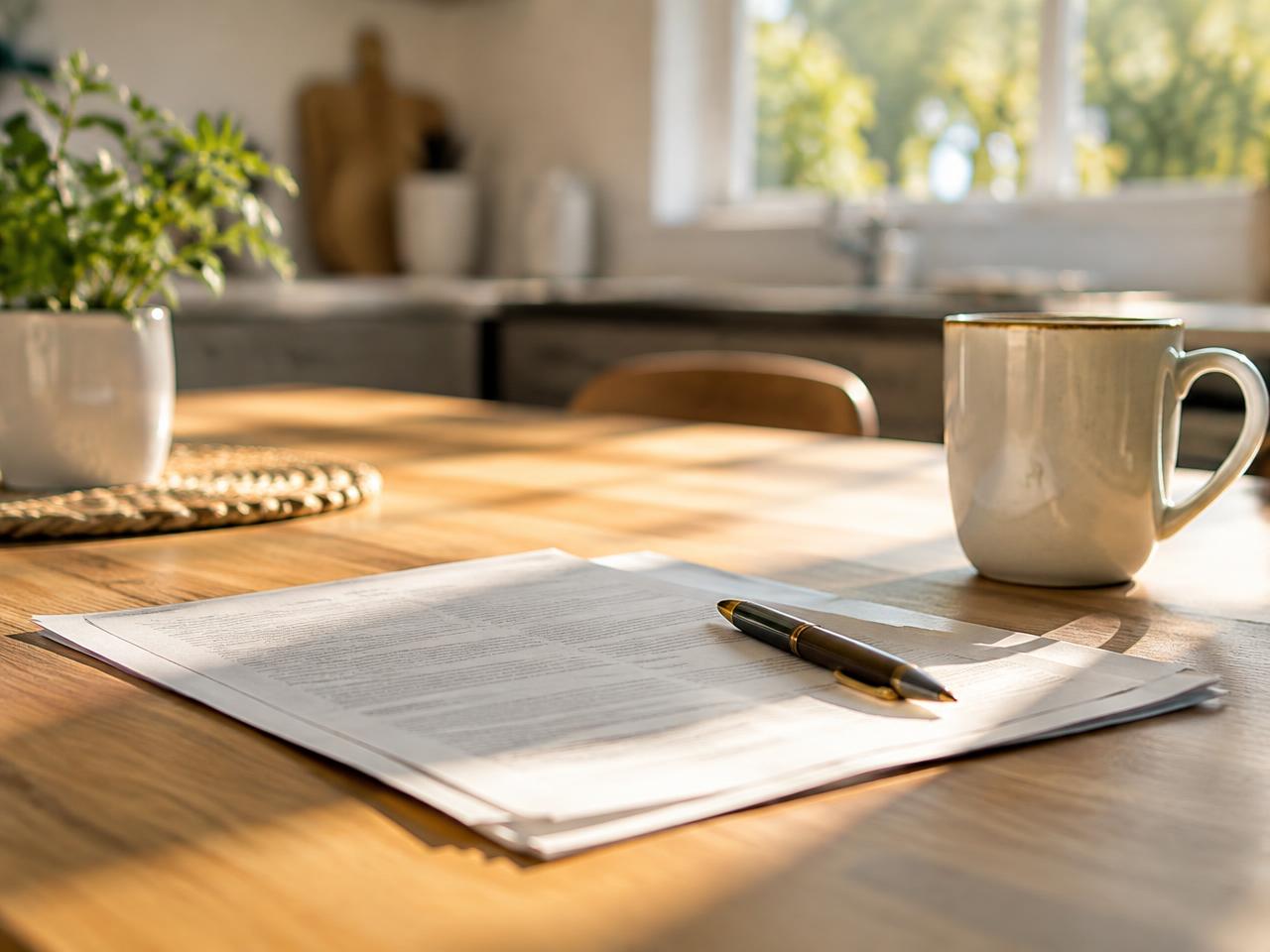 a purchase contract and pen on a kitchen table
